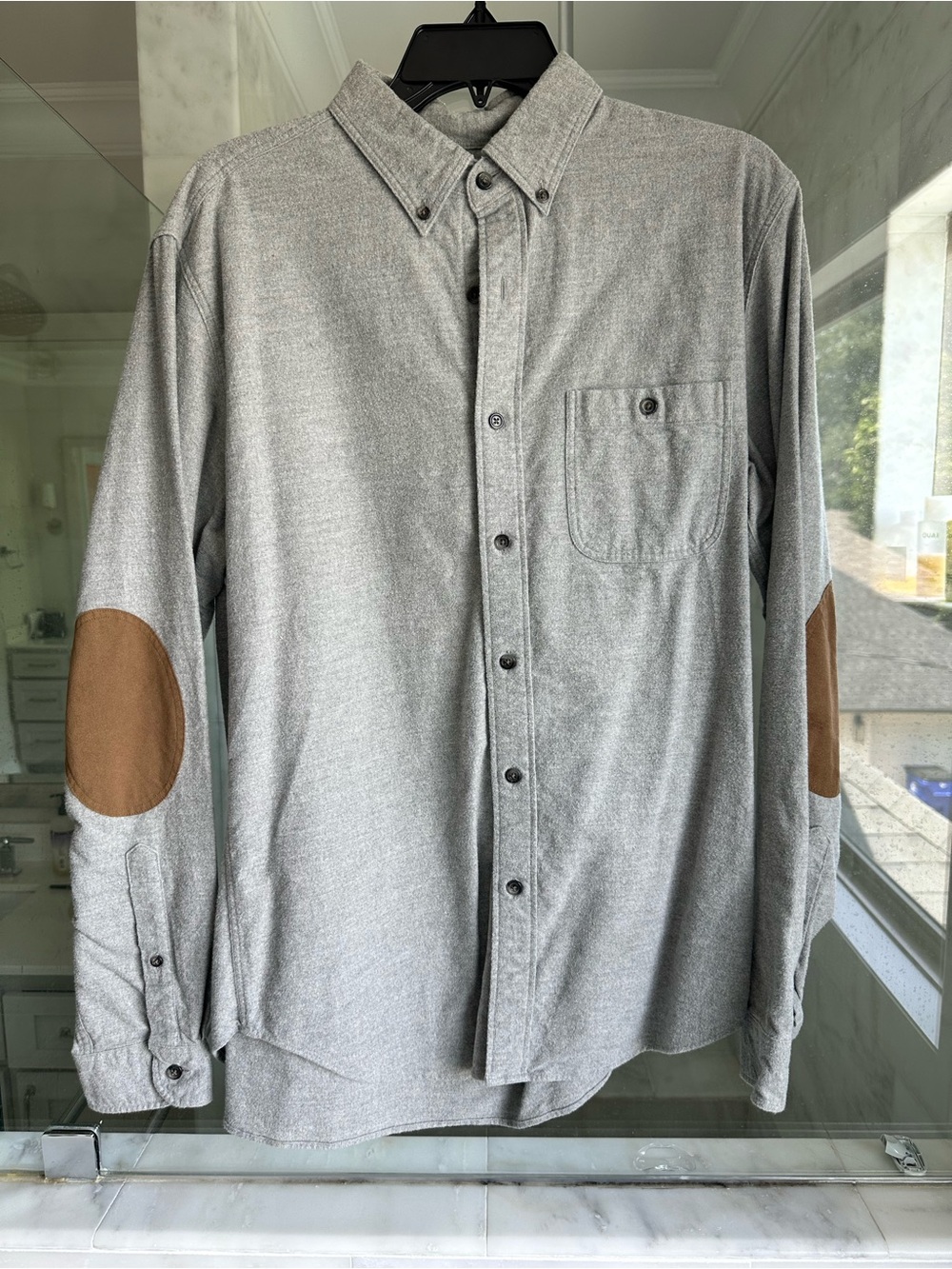 J. Crew Gray Button-Down Shirt with Brown Elbow Patches